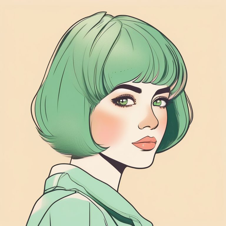 复古动漫风·一位绿发女生·纯色简约肖像