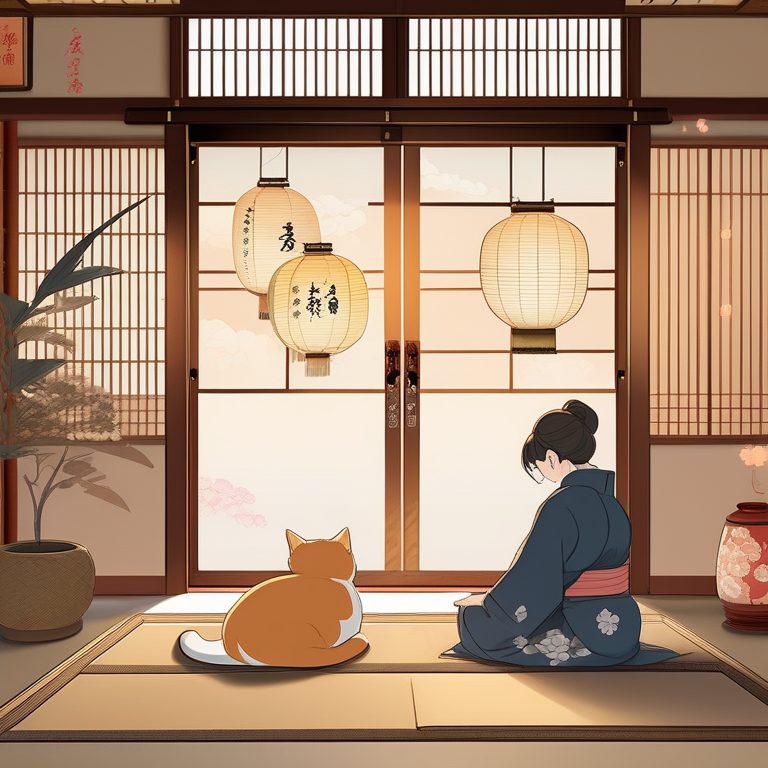 复古风格少女与猫咪的日式房间