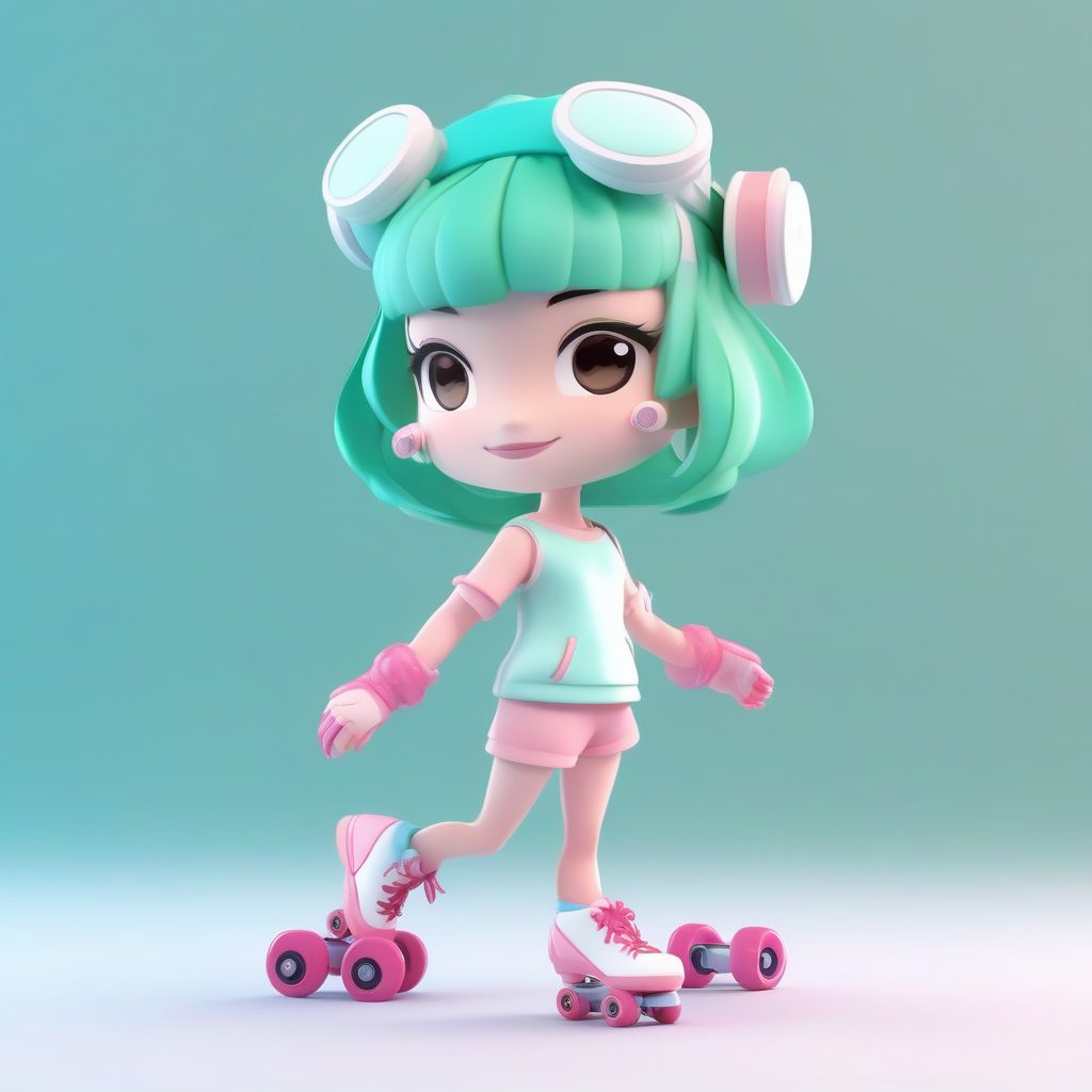 复古旱冰鞋Q版：高抛光3D粘土全身站立提示词