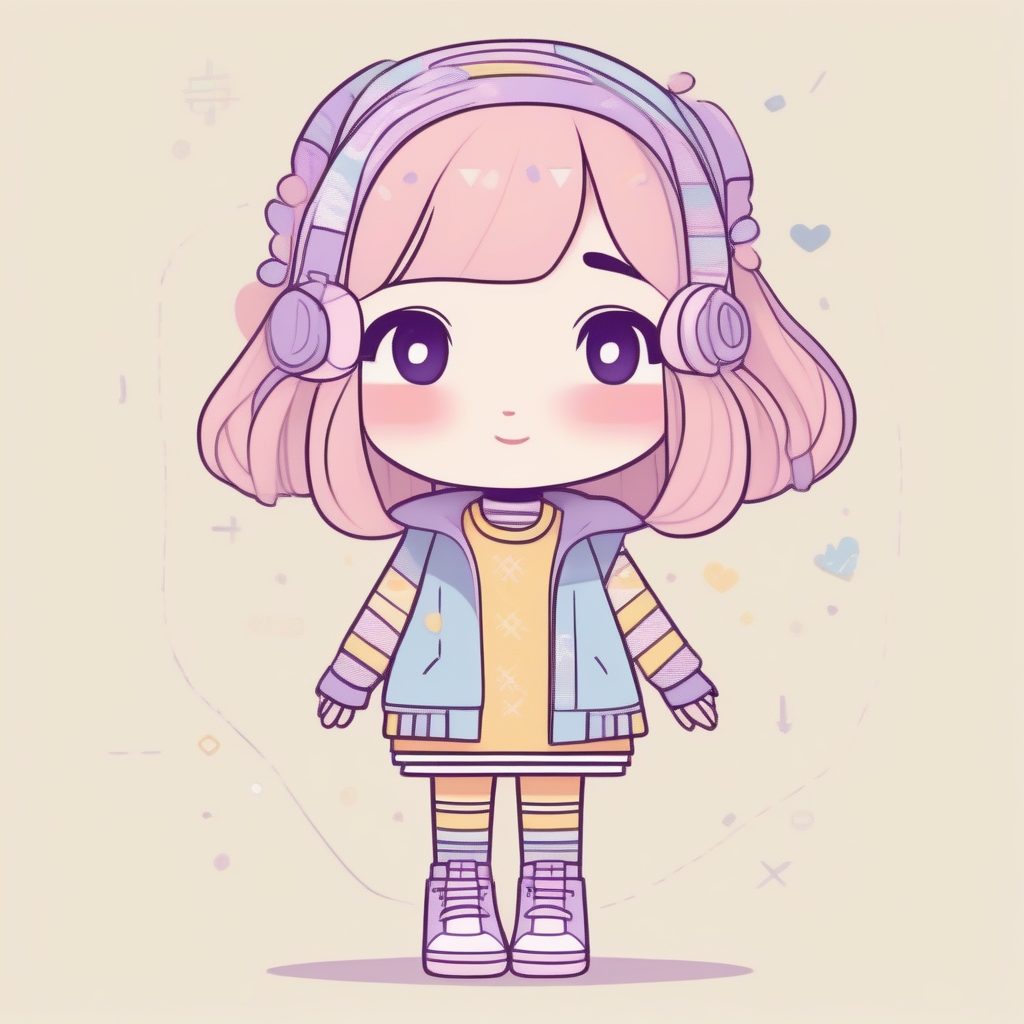 复古滑板风：柔和几何图案Q版女孩全身像AI提示词