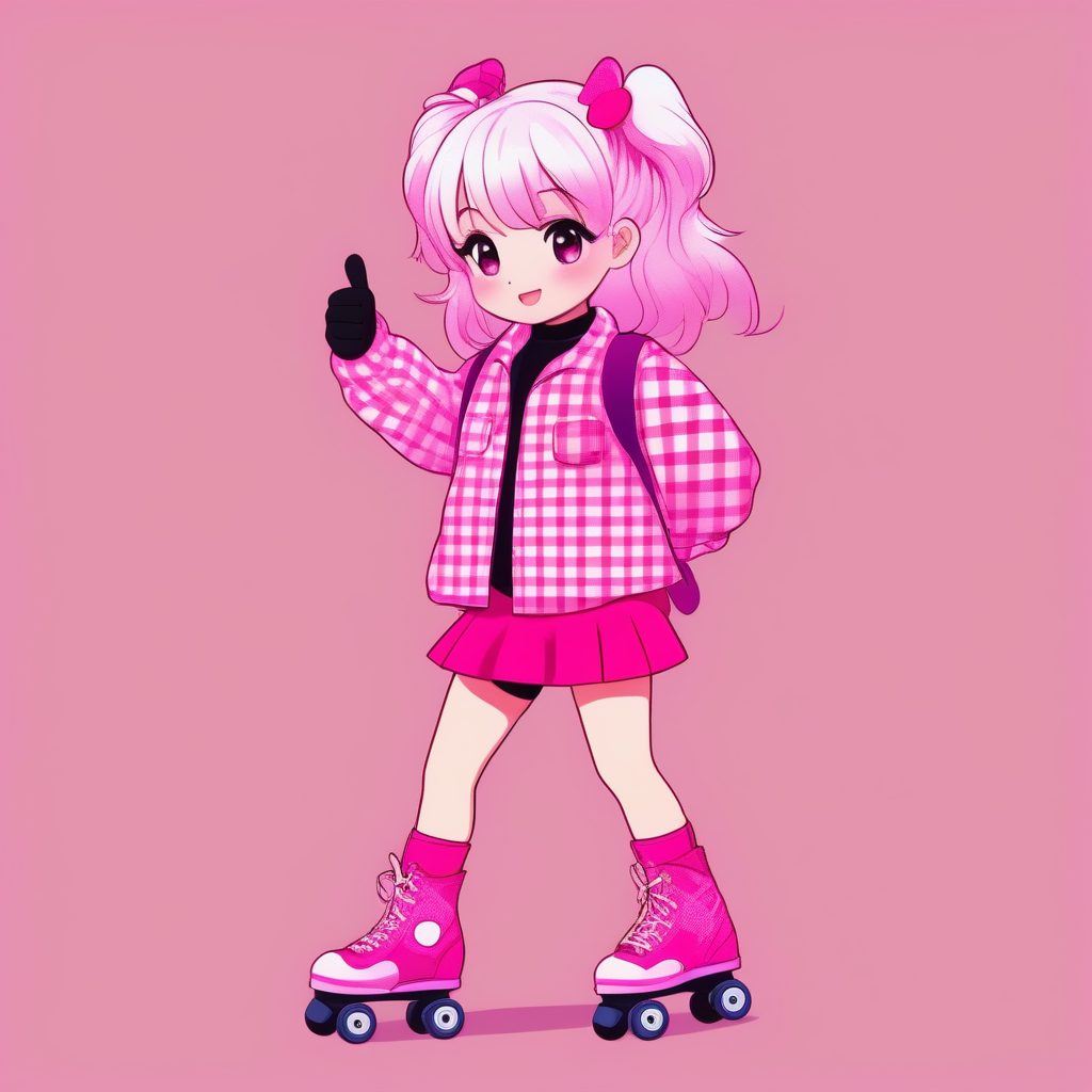 复古滑板少女:蒸汽波Q版全身艺术图,亮粉背景 1 复古滑板少女:蒸汽波Q版全身艺术图,亮粉背景