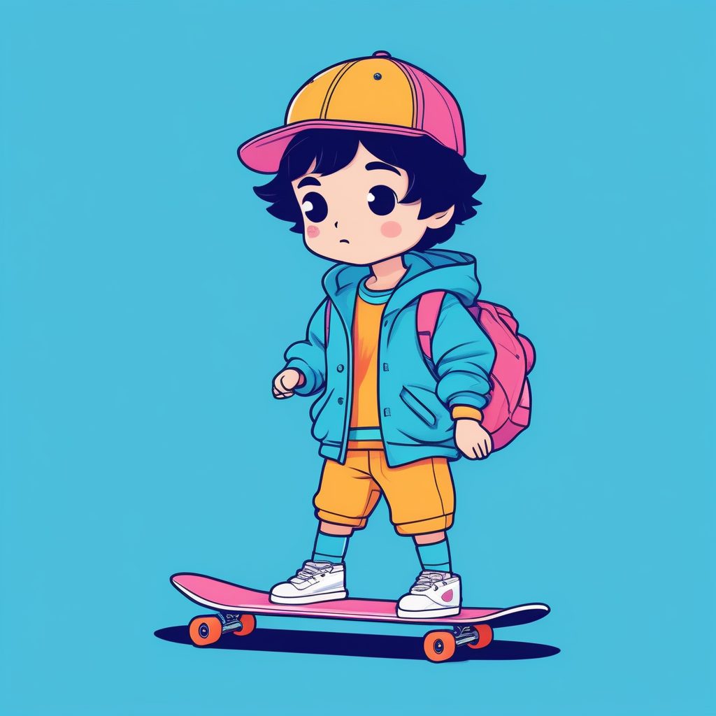 复古滑板手Q版男孩：极简动漫全身插画提示词