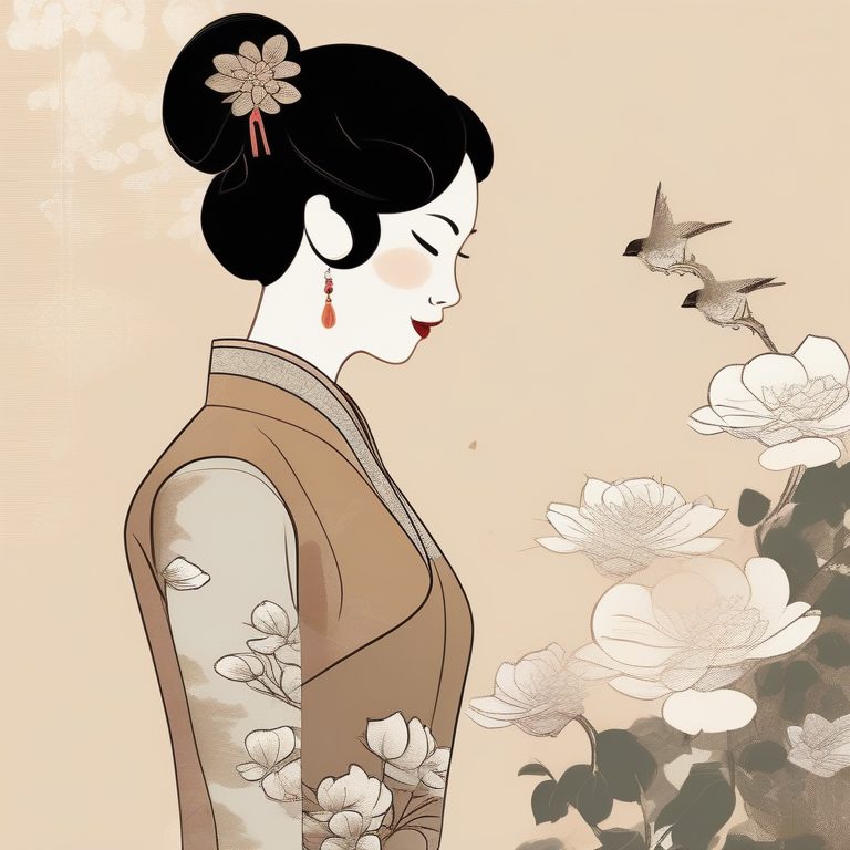 复古极简插画:花园中的穿旗袍少女