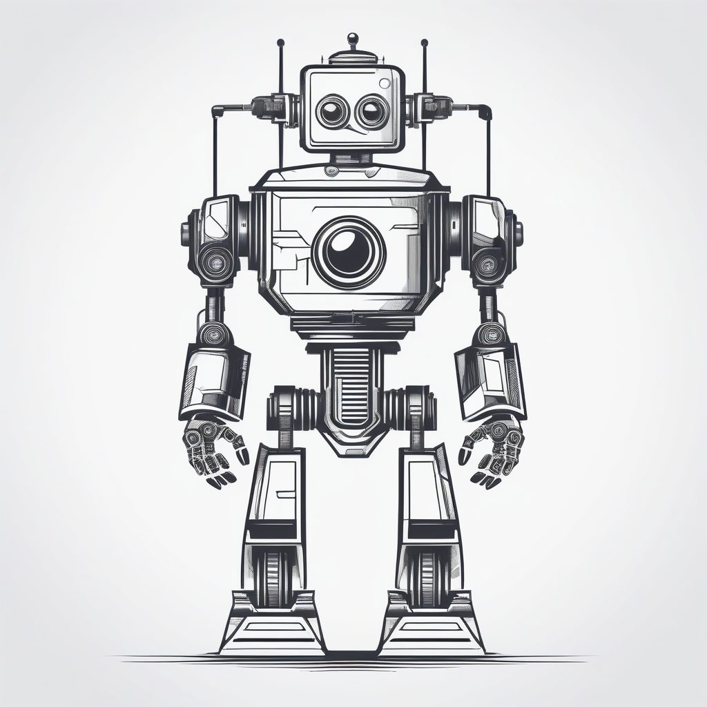 复古机器人单线蓝图：极简矢量技术图纸