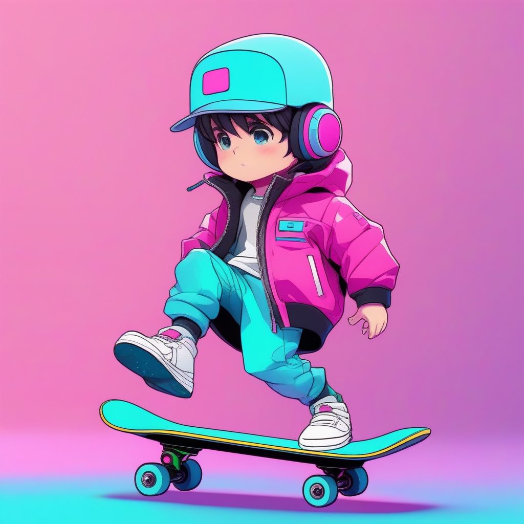 复古浪潮：Q版合成波男孩与悬浮滑板动态图