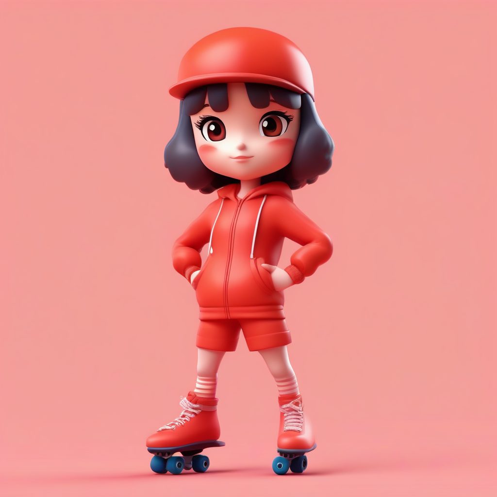 复古轮滑Q版:全身动态姿势与活力珊瑚红背景提示词 1 复古轮滑Q版:全身动态姿势与活力珊瑚红背景提示词