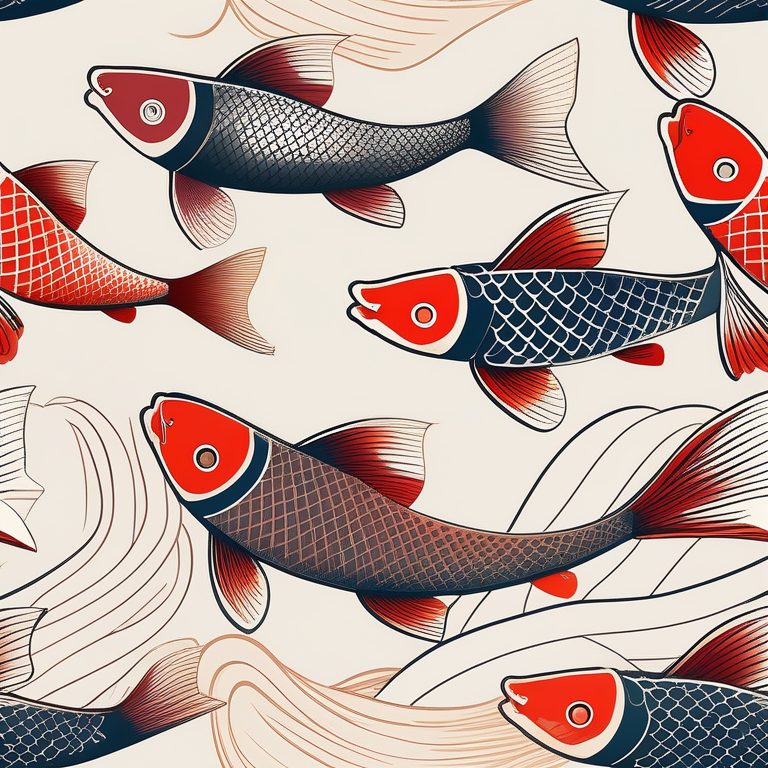 复古木版画极简风格的日式鱼插画