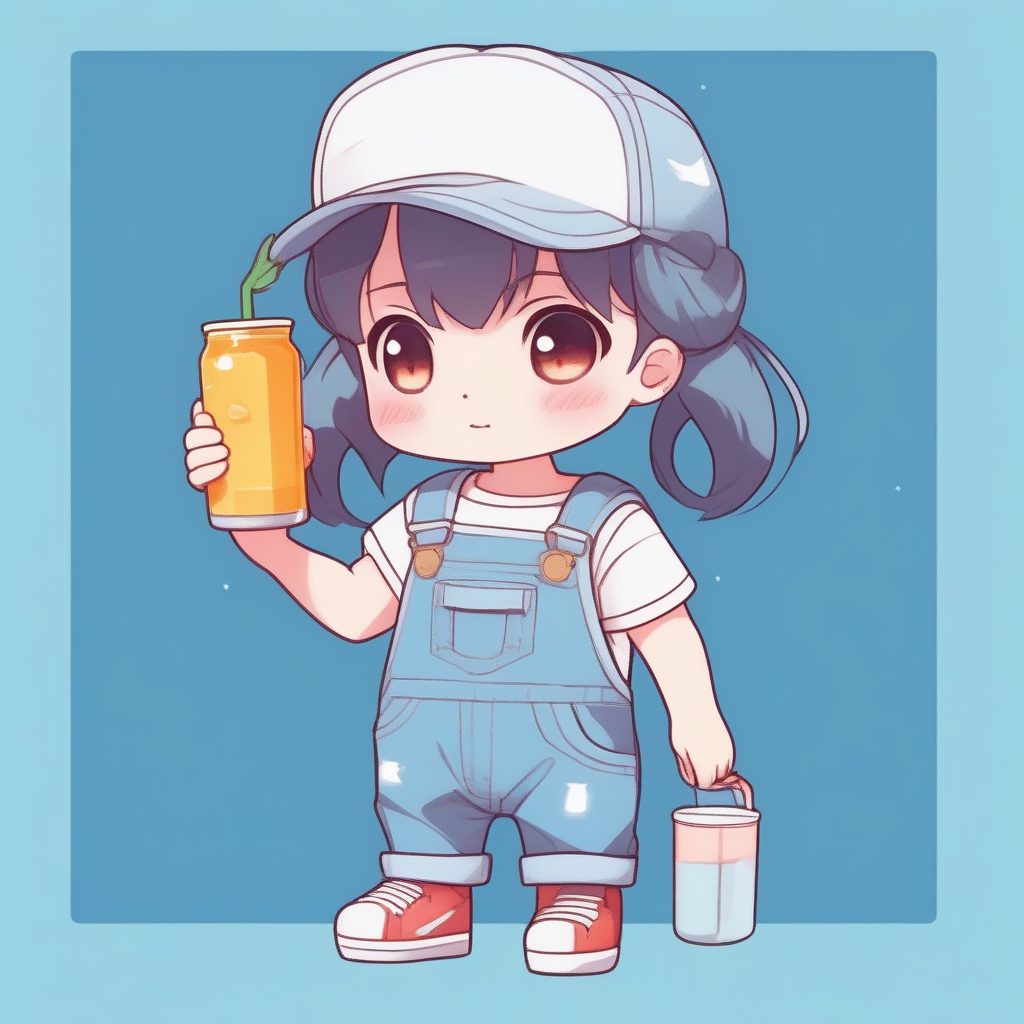 复古牛仔风Q版女孩:背带裤与鼓嘴表情,天蓝色纯色背景