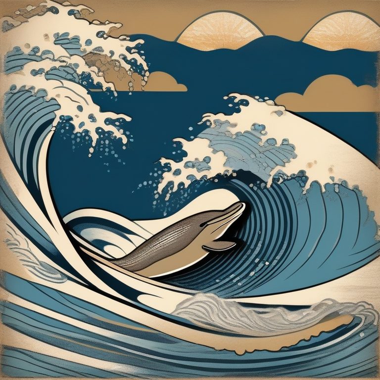 复古日式木刻探索波浪与海豚