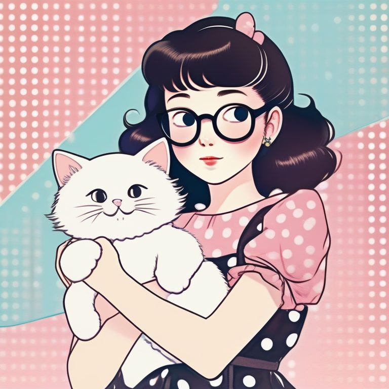 复古时尚动漫少女与猫咪