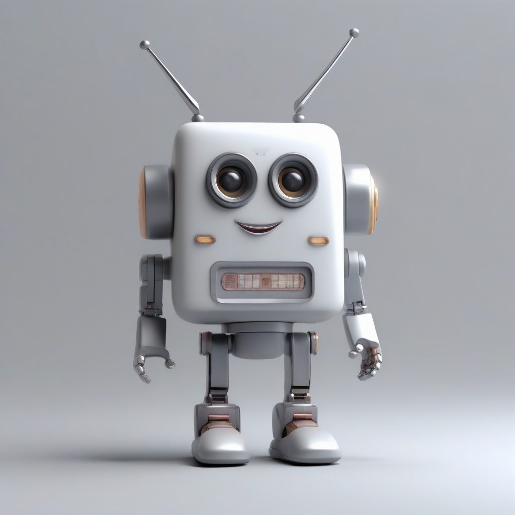 复古收音机机器人：纯灰色背景下的光滑Q版全身渲染