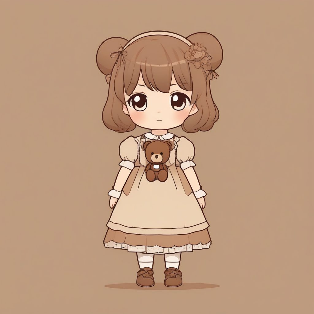 复古泰迪Q版：老式卡通风格全身立绘，棕色背景