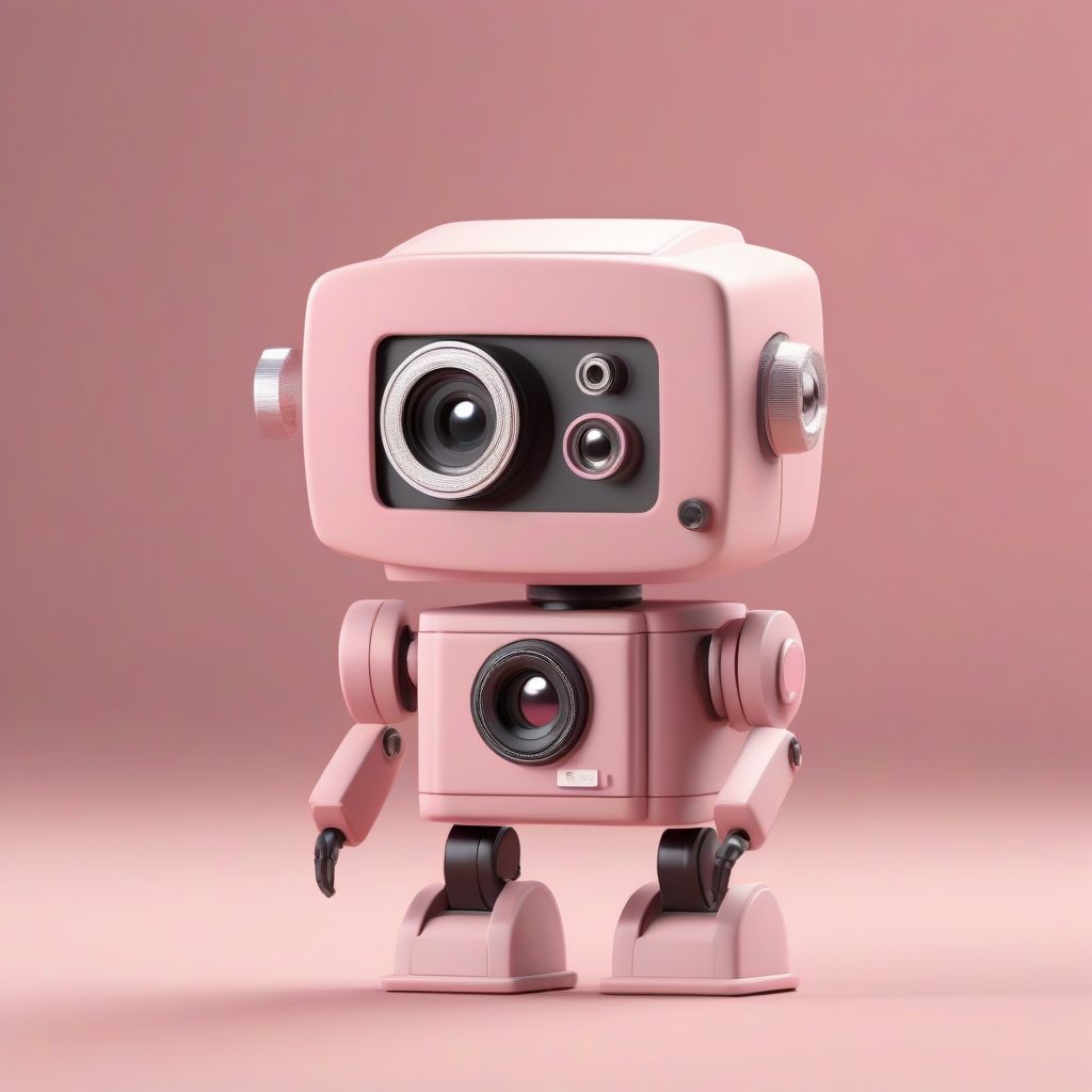 复古相机机器人：C4D Q版盲盒手办全身图，灰粉色背景