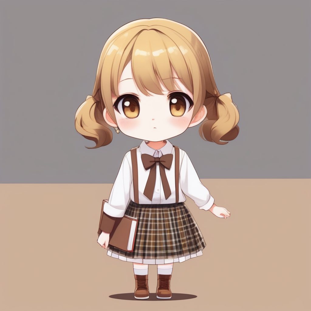 复古学院风Q版人物：柔和光影与格纹元素的极简全身插画