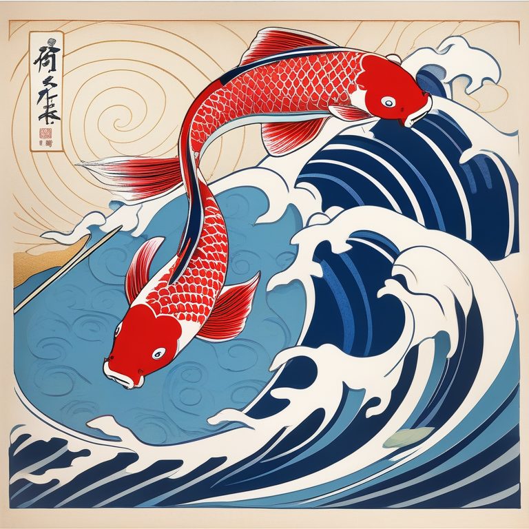 浮世绘风格的鲤鱼与流水