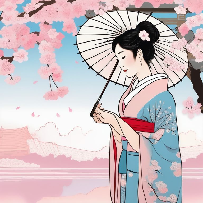 浮世绘风格下的樱花雨中少女