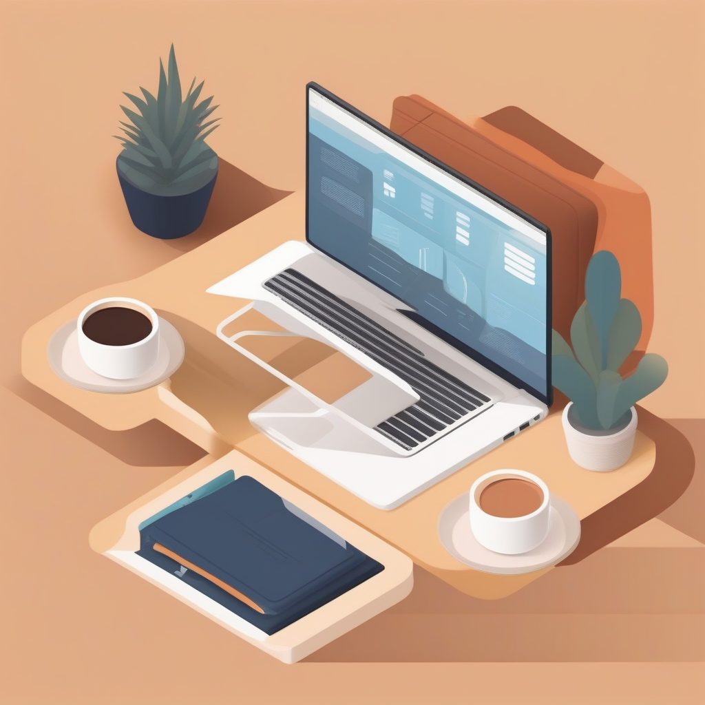 俯视视角极简咖啡工作台：等距平面矢量插画