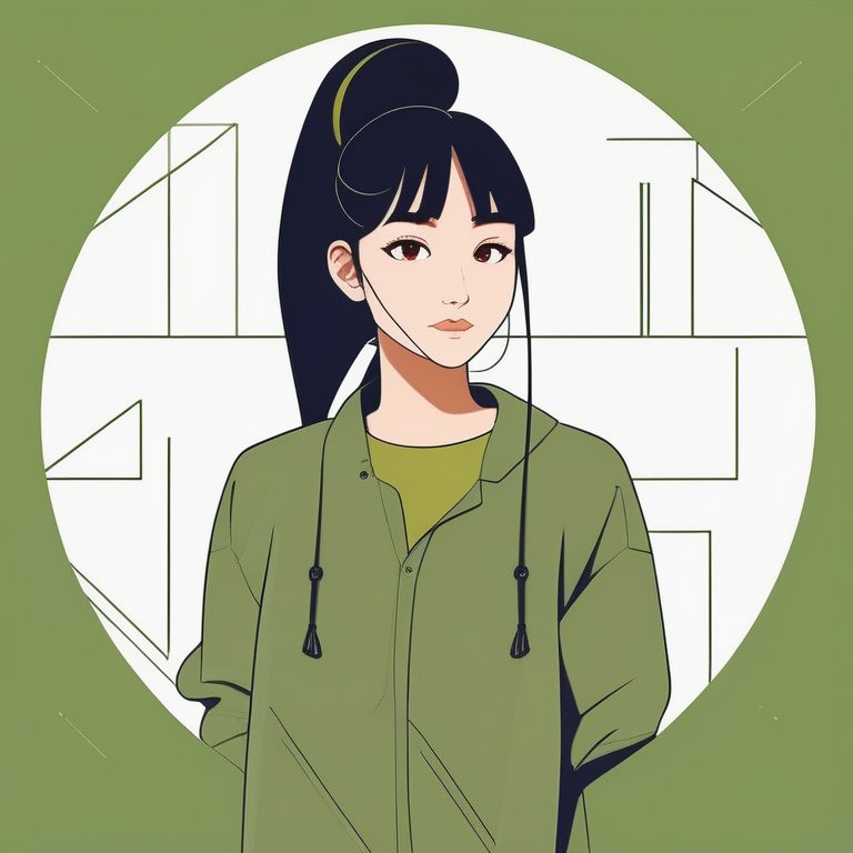 橄榄绿底极简单马尾少女肖像