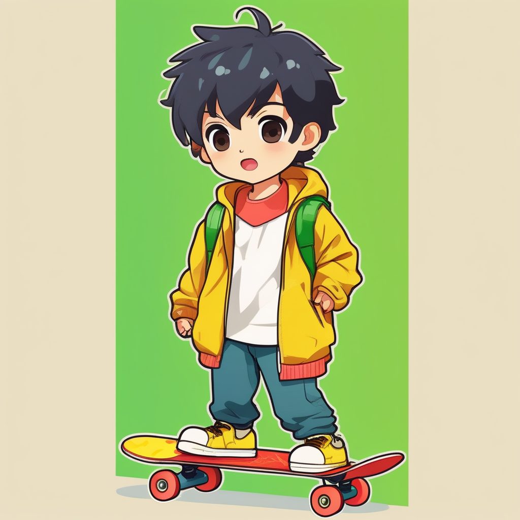 高饱和度极简矢量Q版男孩:街头滑板手全身像提示词 5 高饱和度极简矢量Q版男孩:街头滑板手全身像提示词