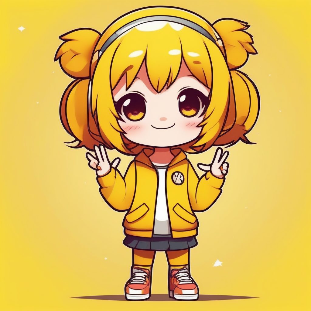 高饱和度卡通风格Q版女孩：眨眼和胜利手势提示词