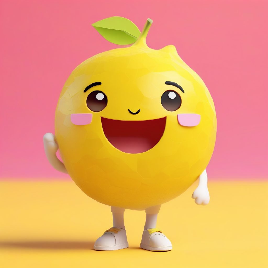 高饱和柠檬片Q版人物：活力黄色背景下的可爱粘土全身站立