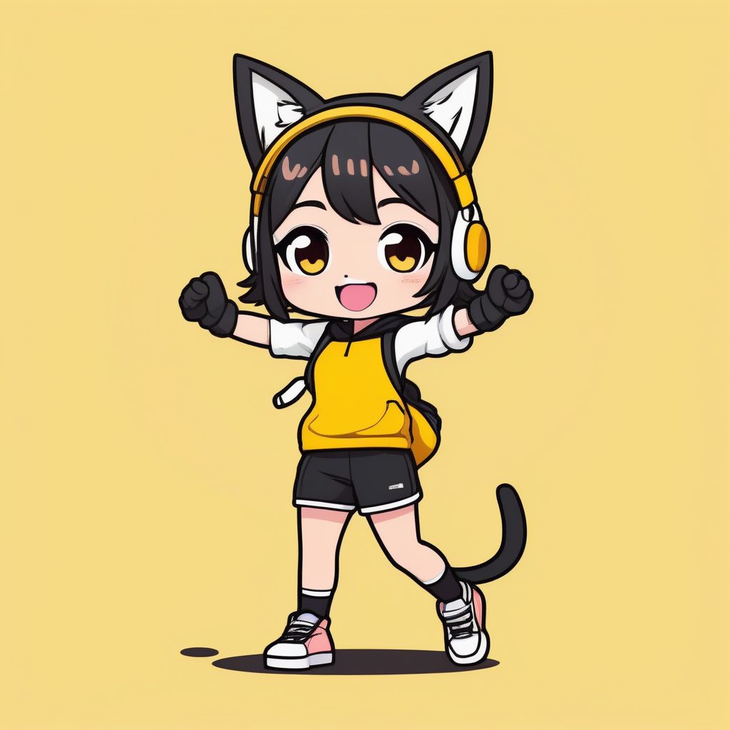 高对比2D动画风：猫耳女孩和平手势全身插画提示词