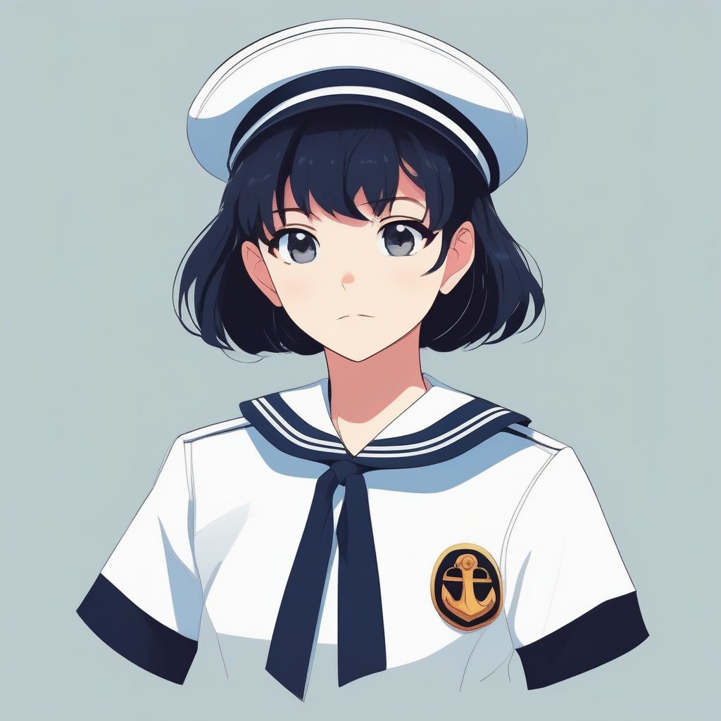 高对比度极简卡片：水手服少女的坚定凝视，纯白色背景