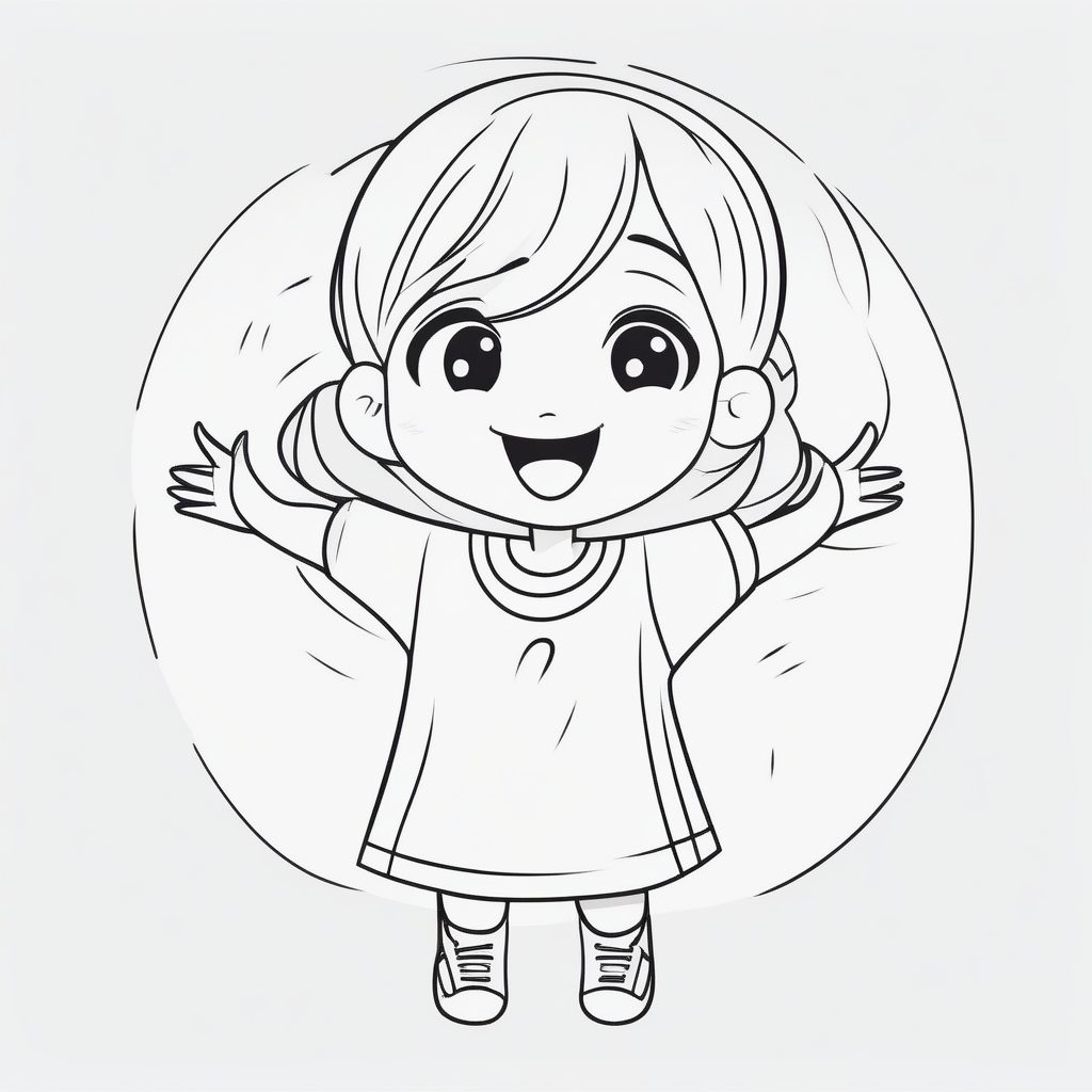 高对比度简笔画：兴奋挥手的Q版女孩矢量全身像