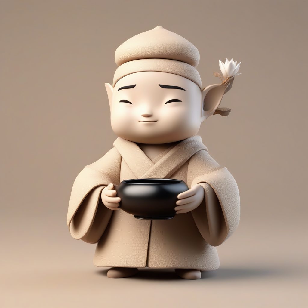 高光3D渲染Q版茶艺师：手持迷你紫砂壶，全身站立，奶油色纯背景