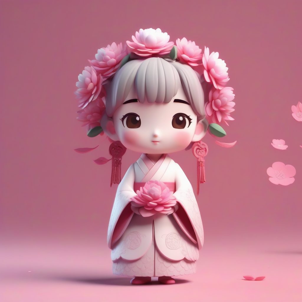 高光3D Q版牡丹仙子：粉色古风盲盒全身像，治愈系纯色背景