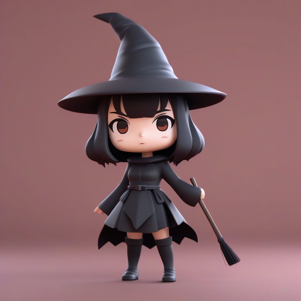 高光C4D Q版小女巫：哥特可爱风全身渲染图，深红色纯色背景