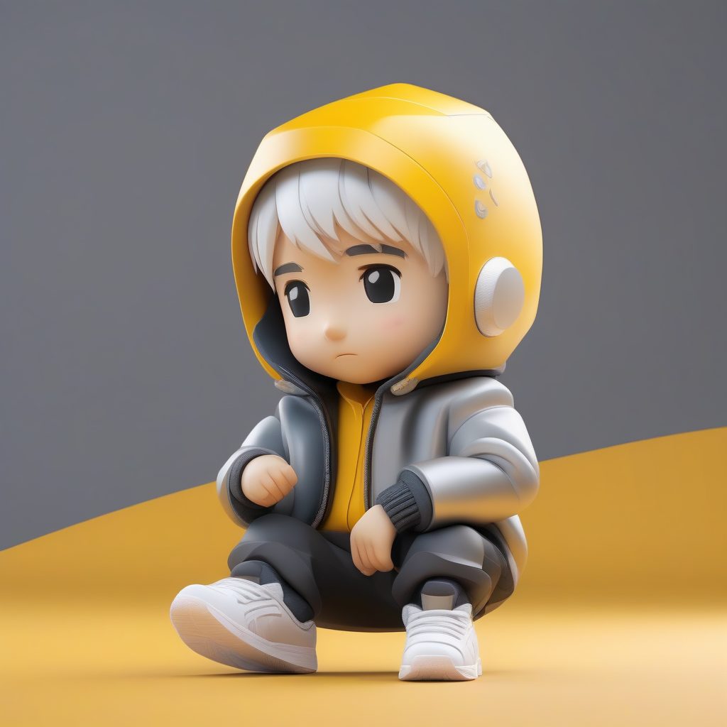 高光细节：兜帽银发男孩与高科技机械犬盲盒风格站立渲染