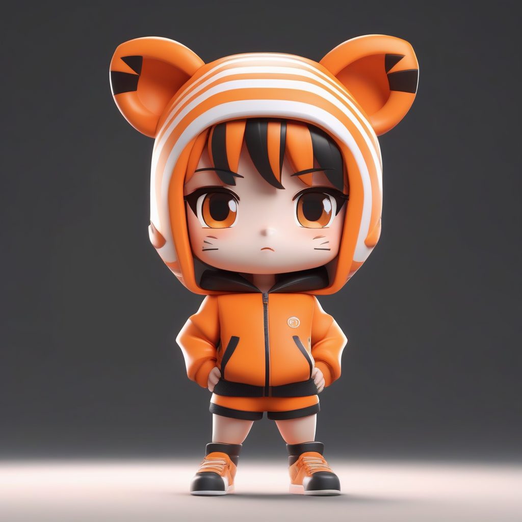 高光泽3D渲染：自信运动服虎耳娘Q版站姿模型