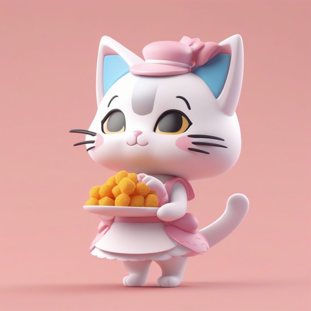 高光泽Q版猫咪女仆：手持小鱼干，粉色纯色背景3D提示词