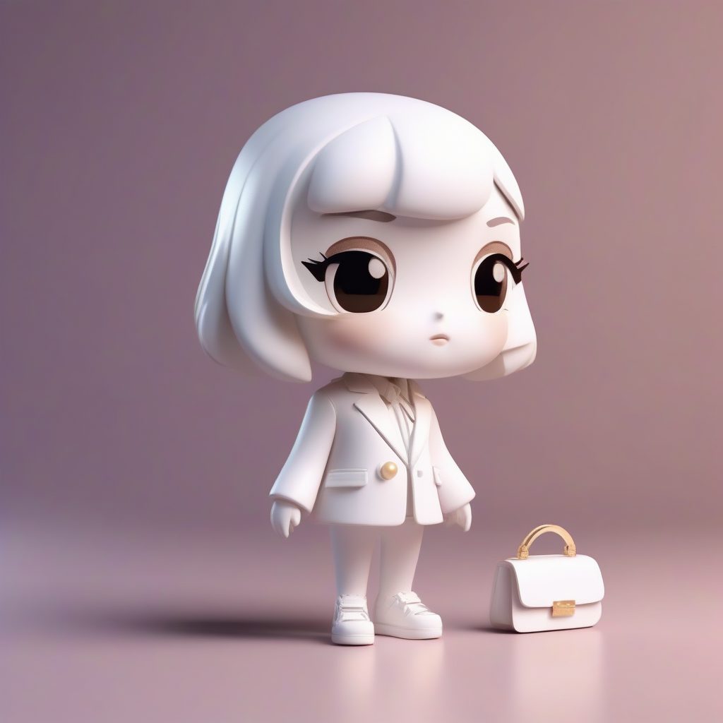 高级定制时尚Q版：白色结构化外套全身像，光线追踪蓝宝石背景