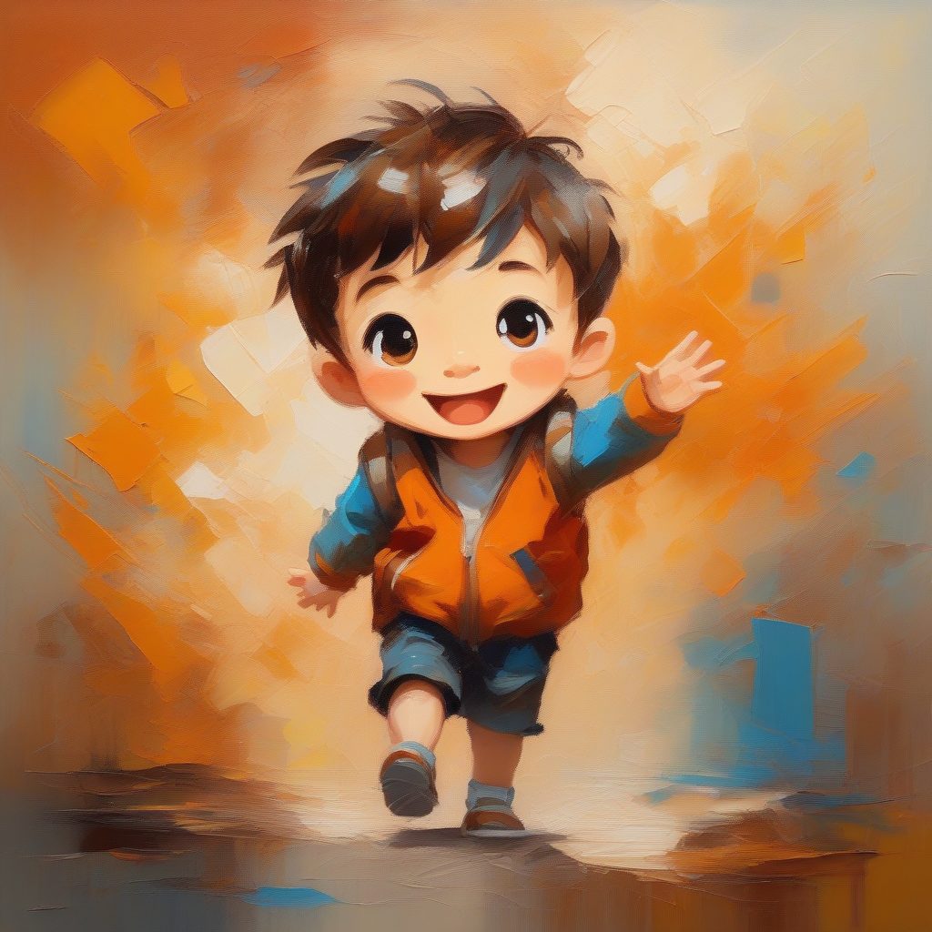 高肌理感油画：热情打招呼的Q版男孩全身像