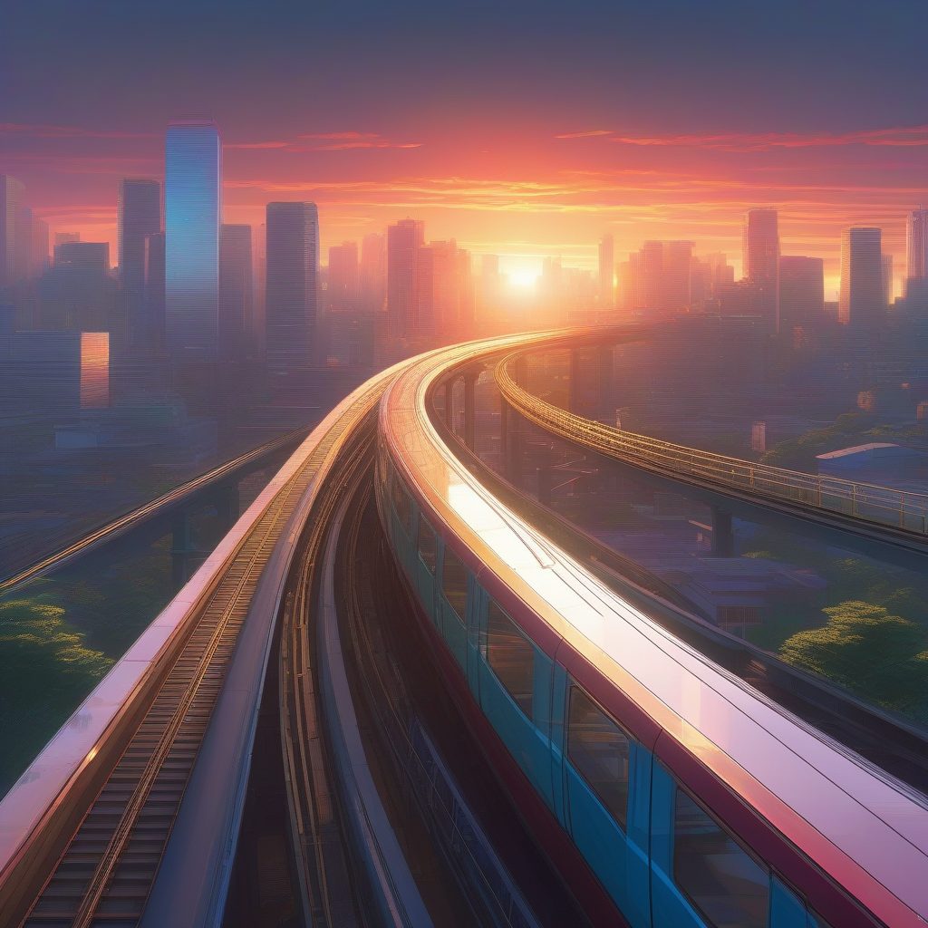 高架轨道：日落下的未来感单轨列车