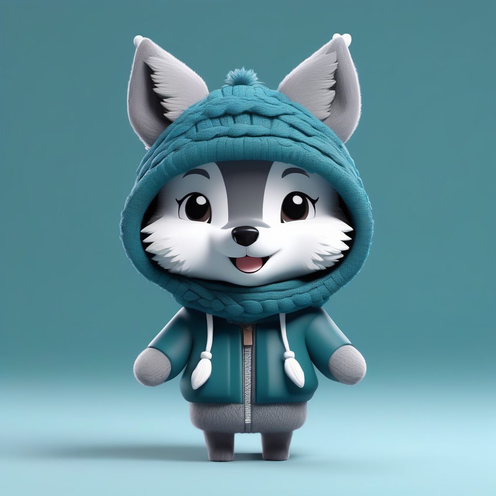 高冷狼耳娘：冬季夹克与围巾，C4D渲染冷色调Q版盲盒