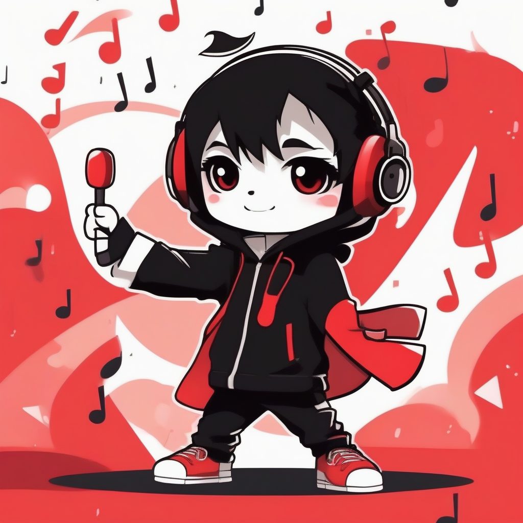 高能动态Q版音符角色：手持麦克风，舞蹈动作与亮红色背景