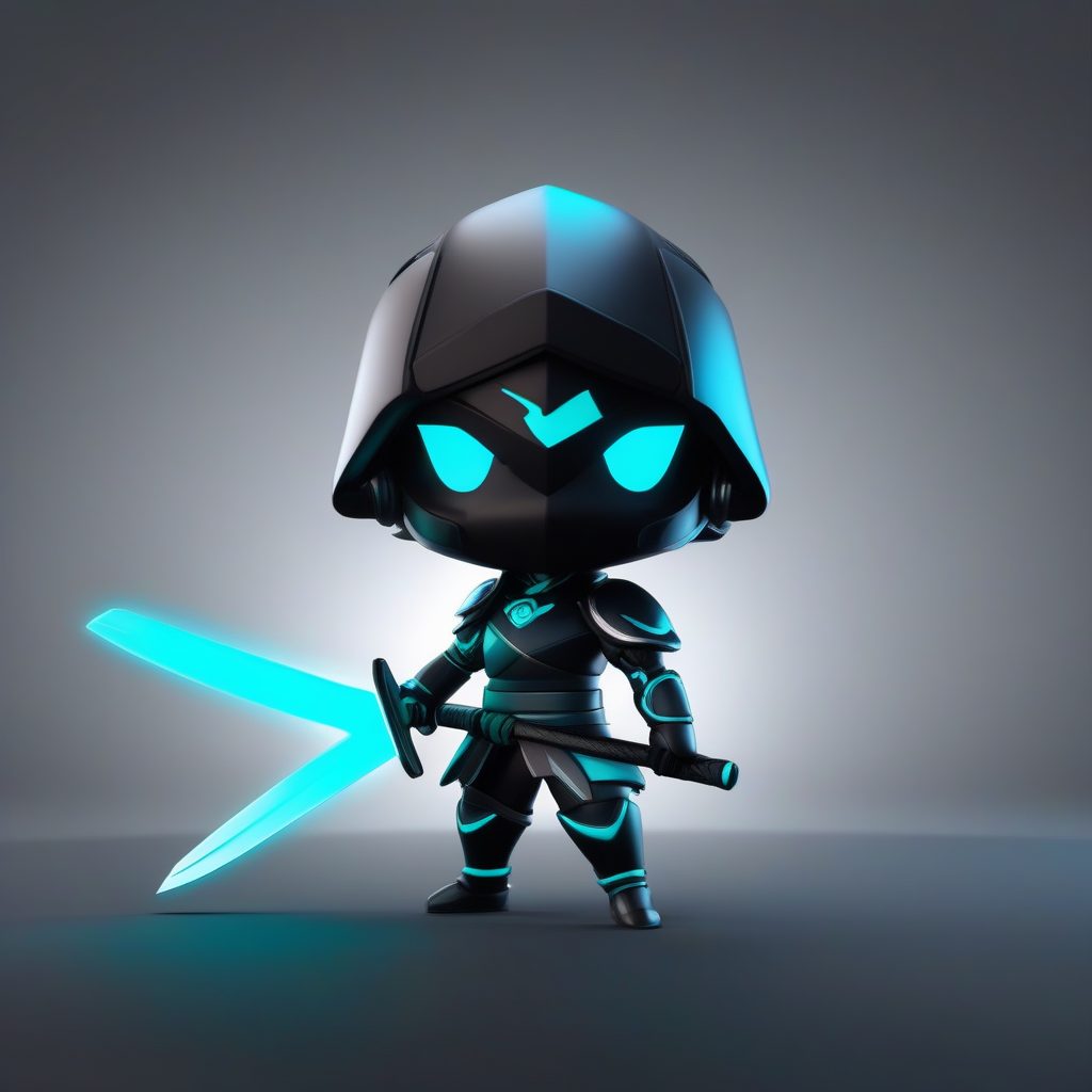 高抛光盲盒：Q版网络赛博武士，霓虹青色发光细节全身照