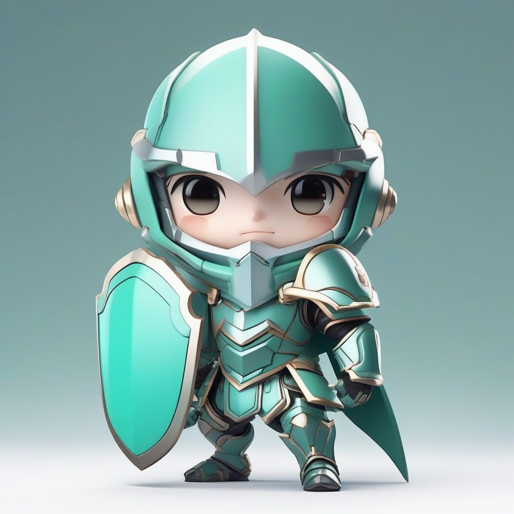 高抛光重甲：Q版机甲少年与超圆盾牌，极简薄荷绿背景