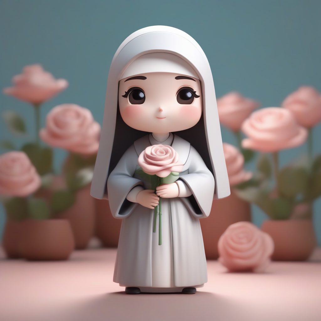 高细节8K粘土修女：手持娇嫩玫瑰的柔光C4D全身渲染图