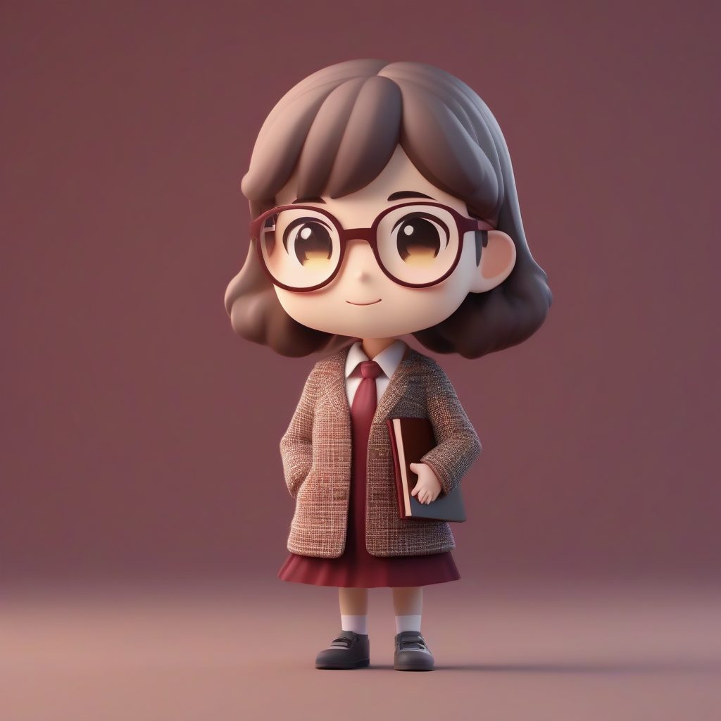 高细节8K:Q版大学女教授,戴眼镜的3D粘土全身手办