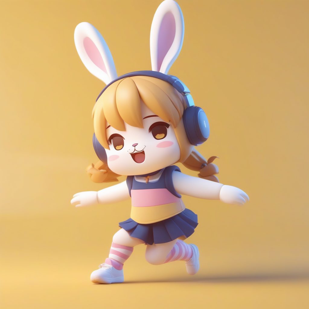高细节8K：Q版兔耳体操少女，动态跳跃全身卡哇伊渲染