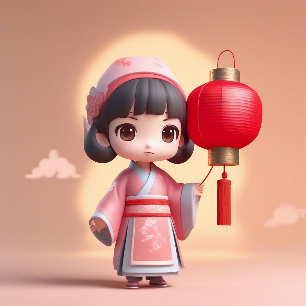 高细节C4D 3D盲盒汉服手办：手提花灯的Q版唐风小女孩全身渲染