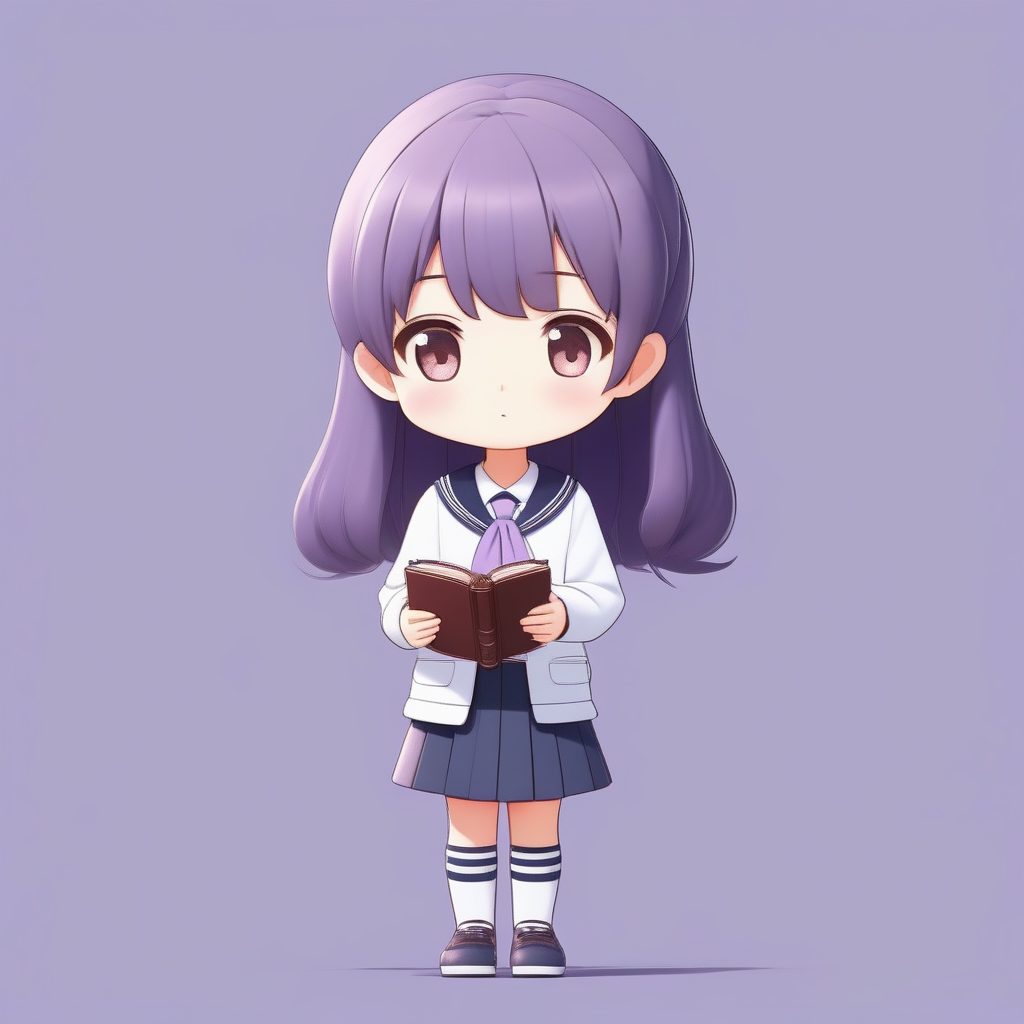 高细节治愈系Q版校服女孩：纯色背景与柔和光影AI绘图