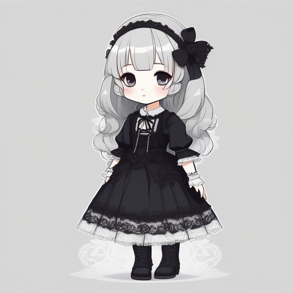 哥特萝莉Q版：传统动漫风全身立绘，纯白背景突出细节