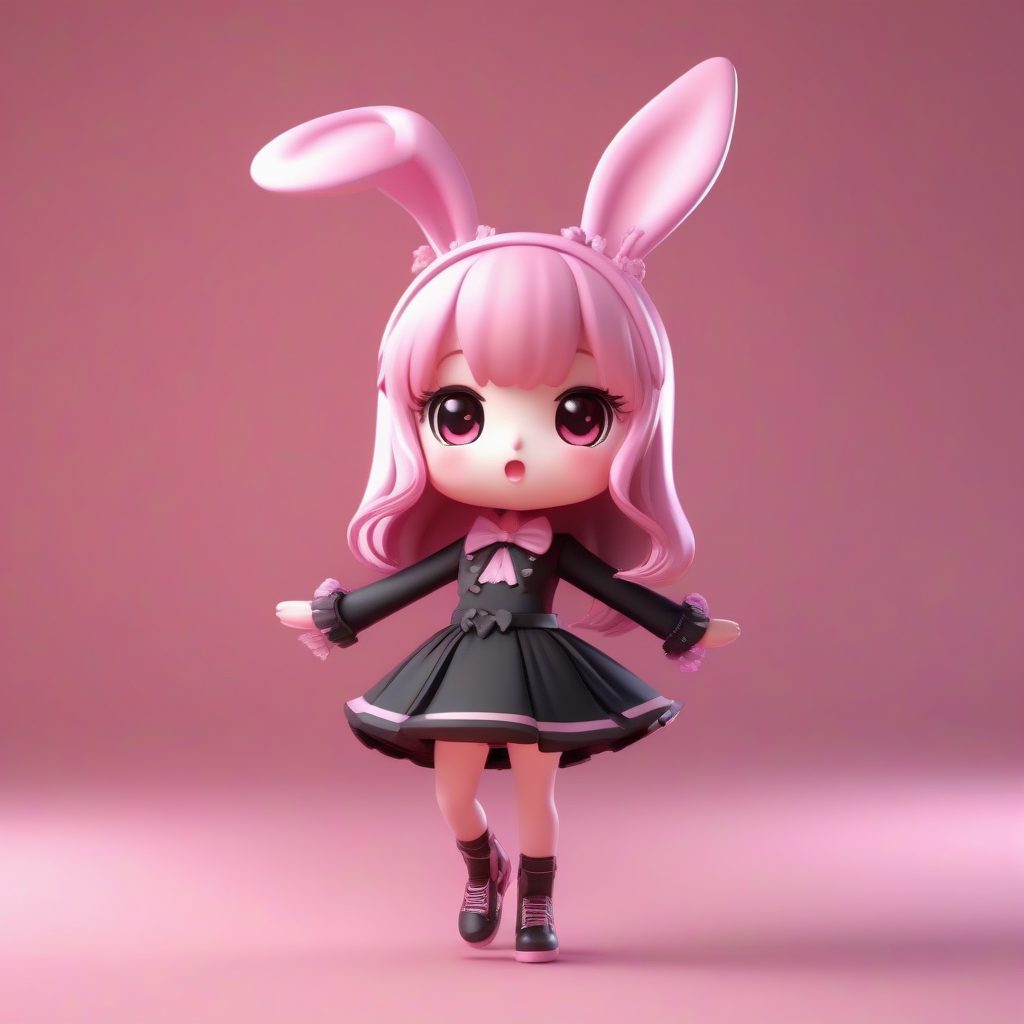 哥特萝莉兔耳娘:动态扑击姿势,Q版手办全身照,纯粉色背景提示词 19 哥特萝莉兔耳娘:动态扑击姿势,Q版手办全身照,纯粉色背景提示词
