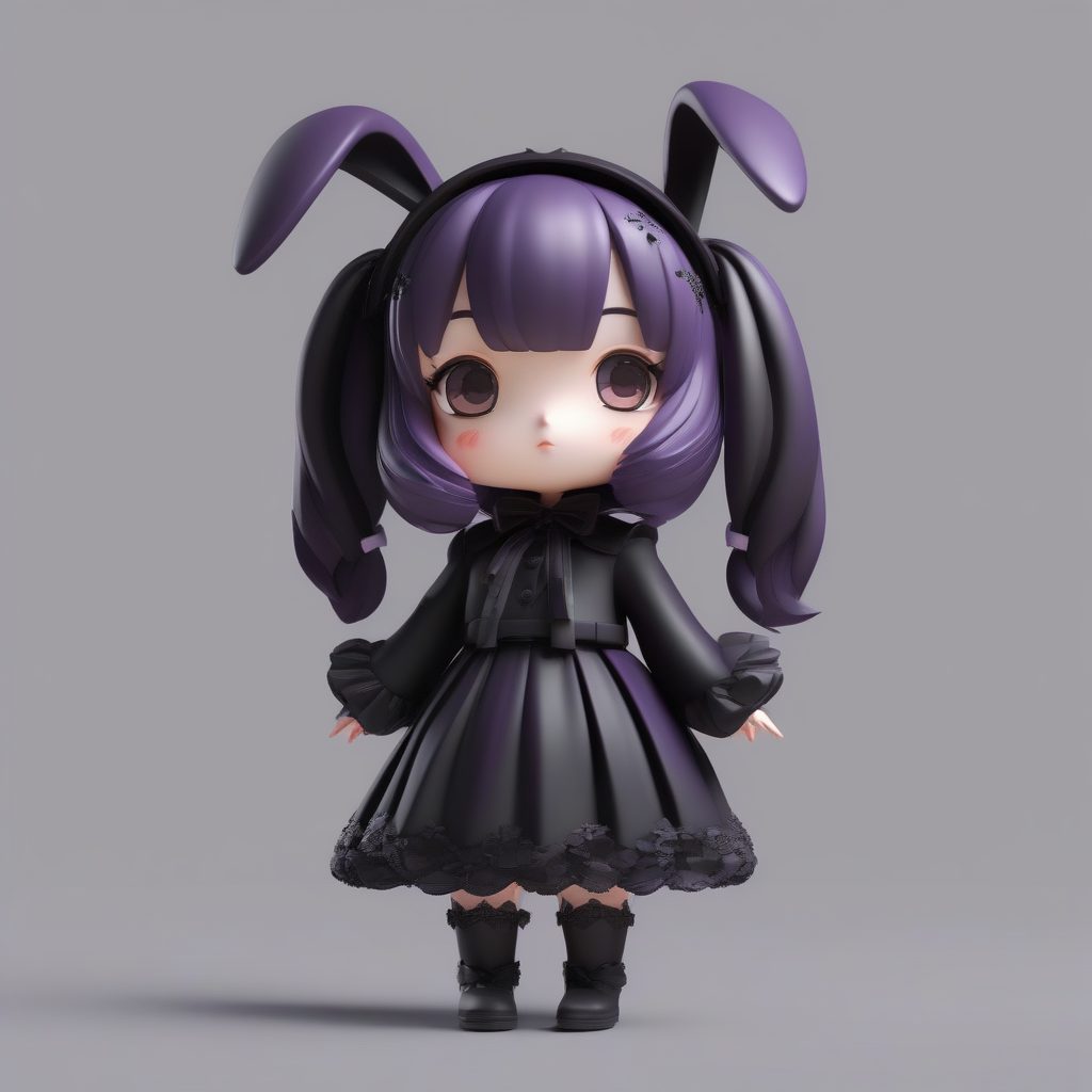 哥特系兔耳娘：黑色洛丽塔风格Q版3D粘土手办渲染