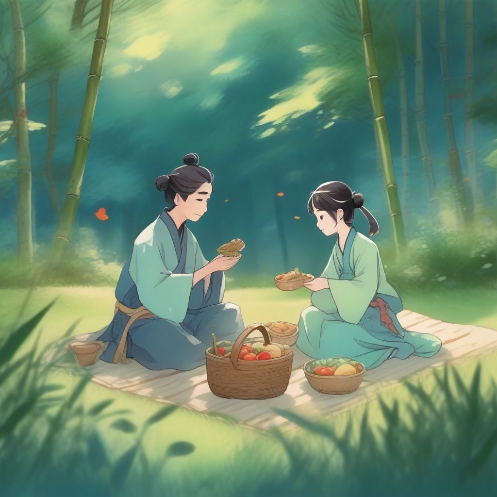 宫崎骏治愈系：Q版田园古风情侣日系动画电影感提示词